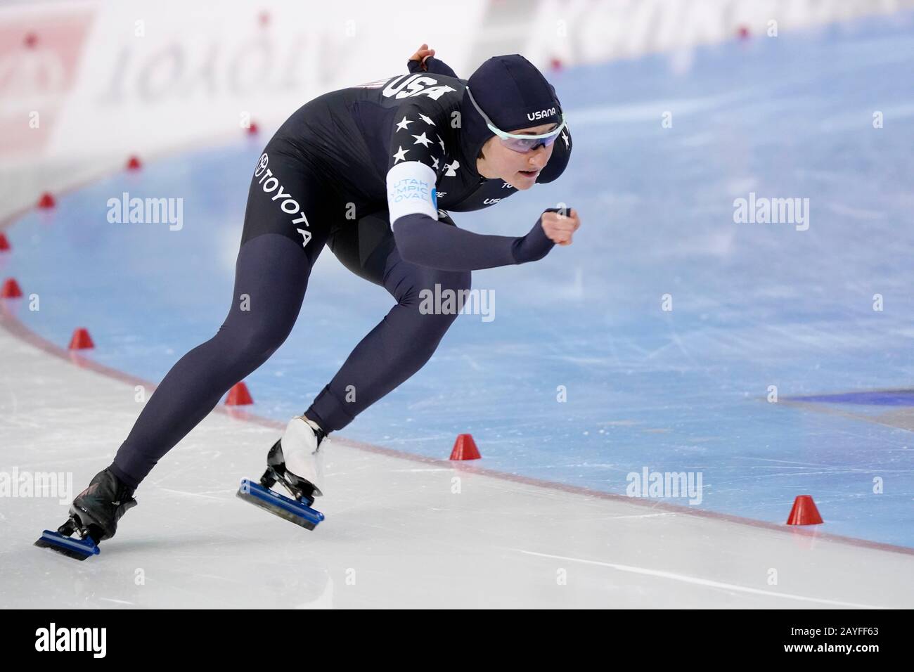 14-02-2020 SCHAATSEN: ISU WK AFSTANDEN: Salt LAKE CITY Kimi Goetz (USA) durante ISU World Single Distances Speed Skating il 14 febbraio 2020 nella Olympic Oval di Salt Lake City, Stati Uniti Foto di SCS/Soenar Chamid Foto Stock