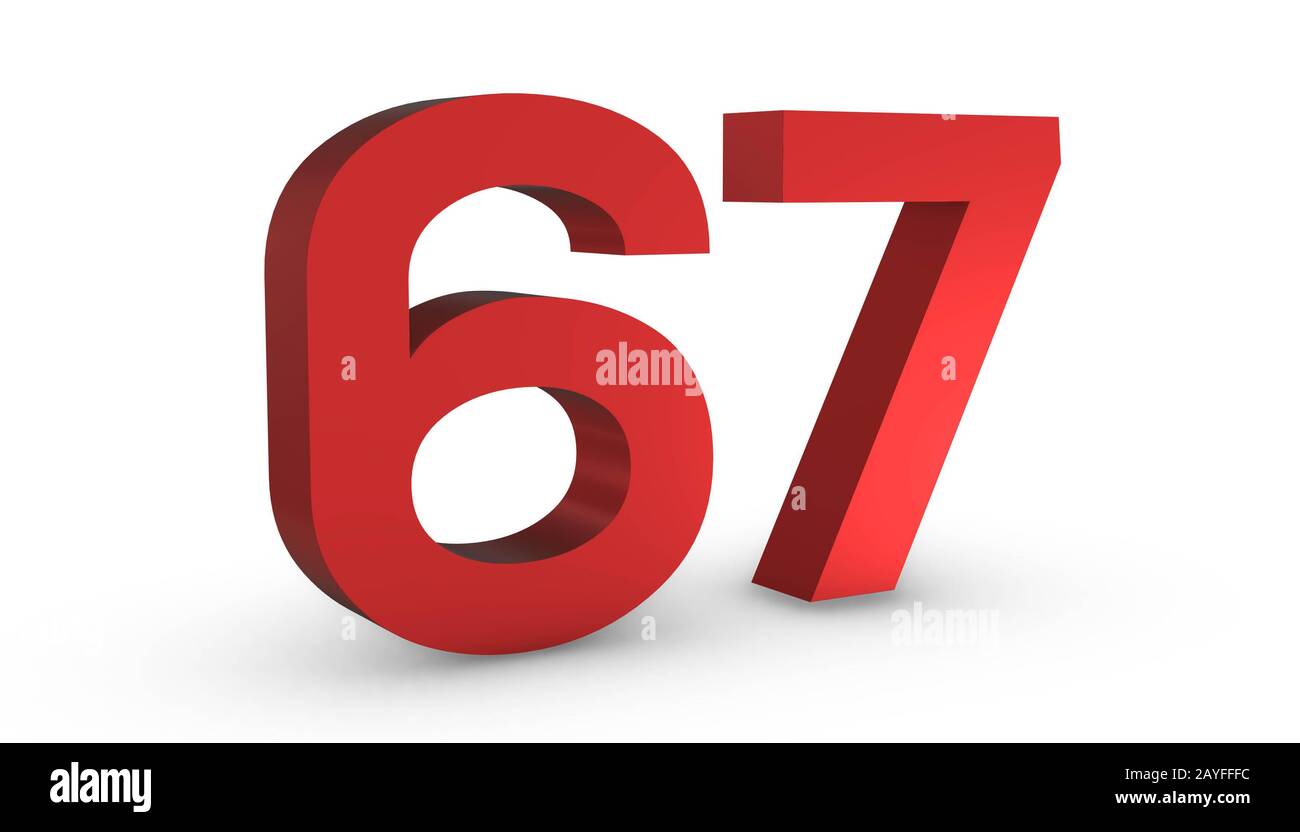 3d Rosso Lucido Numero Sessanta Sette 67 Isolato Su Sfondo Bianco. Foto Stock