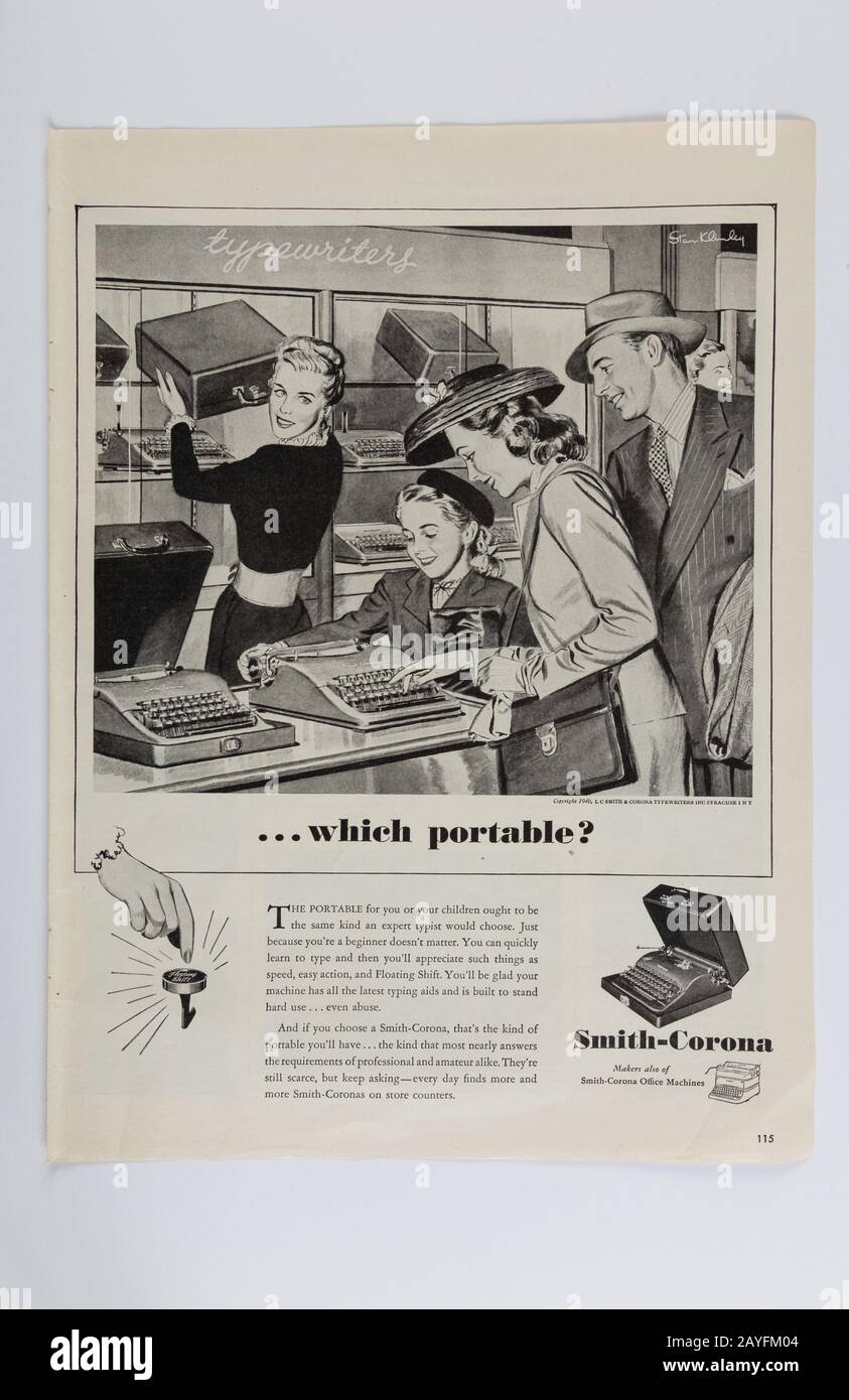 1946 Life Magazine Pubblicità Per Macchine Da Scrivere Smith-Corona, Usa Foto Stock