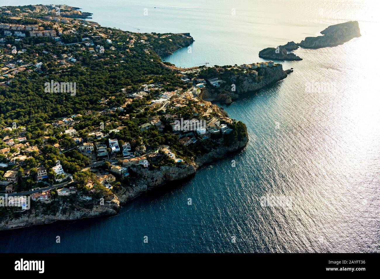 Promontorio di Santa Ponsa e isola di es Malgrats, 04.01.2020, vista aerea, Spagna, Isole Baleari, Maiorca, Calvia Foto Stock