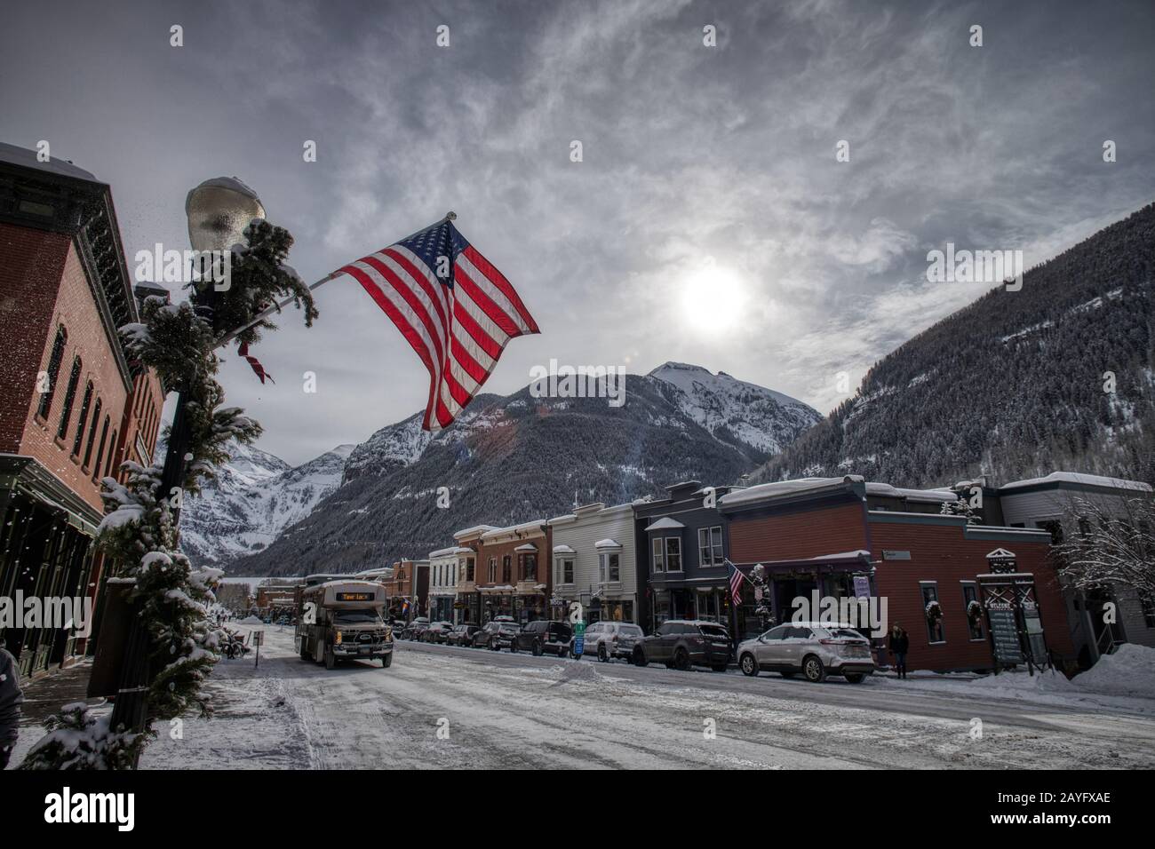 Ouray, Colorado - 14 gennaio 2020: Telluride principale strada città panoramica a Telluride, Colorado Foto Stock