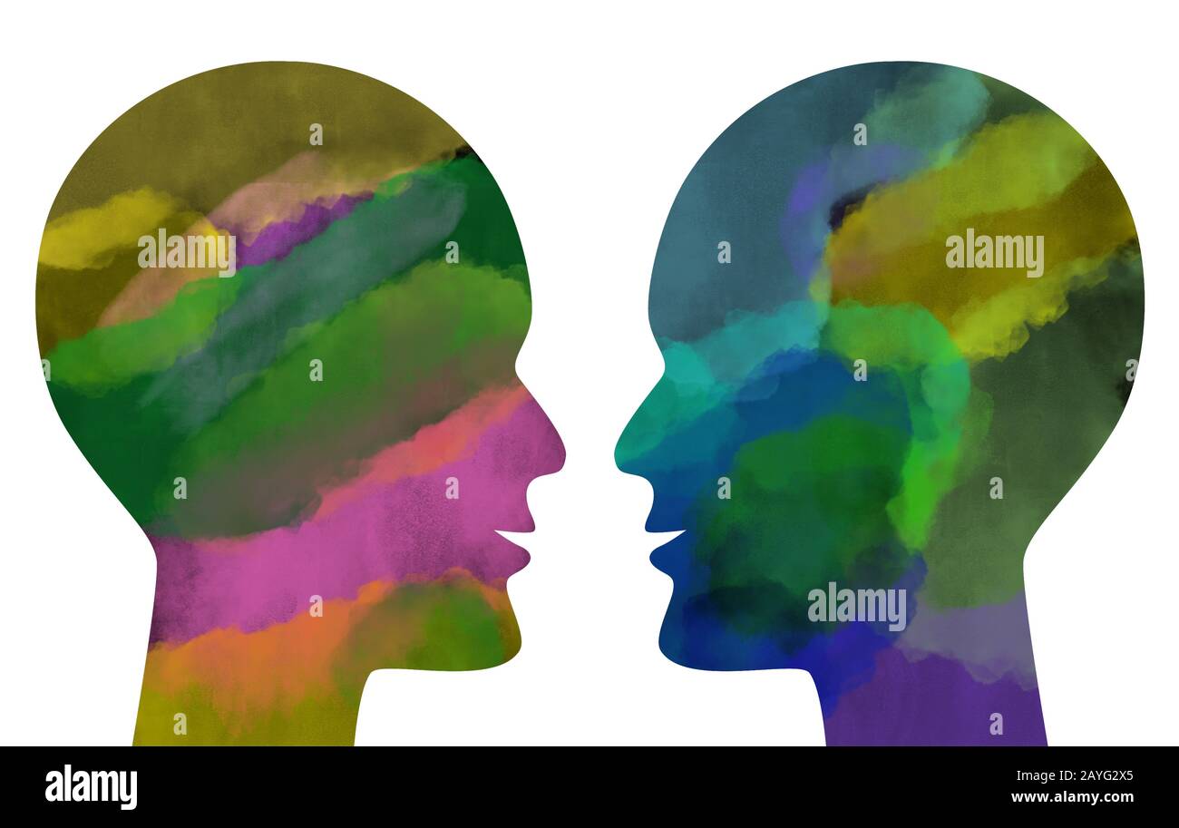 Due teste umane acquercolorate che si affacciano l'una sull'altra isolate su bianco. Foto Stock