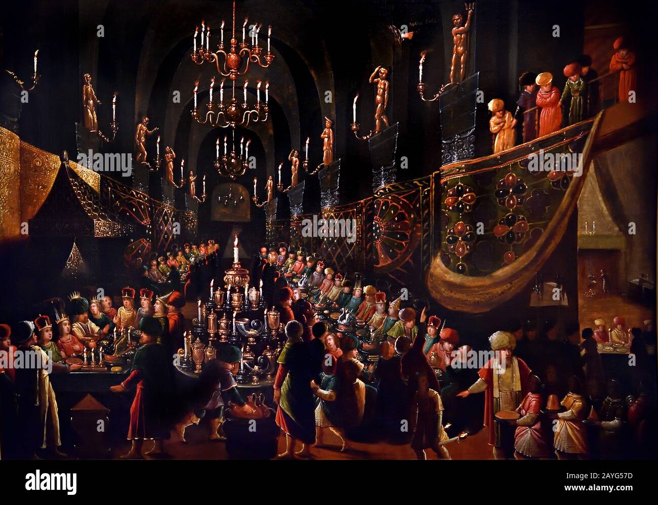 Le festin de Balthazar - Festa di Balthazar (libro di Daniele, capitolo V, 1-30) Atelier de Frans FRANCKEN II (Anversa, 1581-1642) Belgio, Belgio. La festa di Belshazzar o la storia della scrittura sul muro (capitolo 5 del Libro di Daniele) racconta come Belshazzar tiene una grande festa e bevande dalle navi che erano state saccheggiate nella distruzione Del Primo Tempio. Una mano appare e scrive sul muro. ) Foto Stock