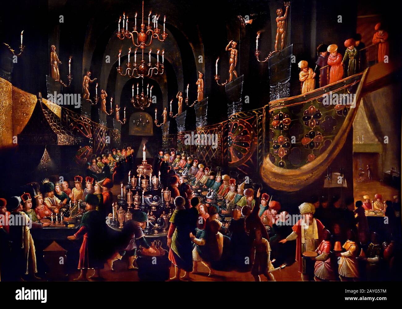 Le festin de Balthazar - Festa di Balthazar (libro di Daniele, capitolo V, 1-30) Atelier de Frans FRANCKEN II (Anversa, 1581-1642) Belgio, Belgio. La festa di Belshazzar o la storia della scrittura sul muro (capitolo 5 del Libro di Daniele) racconta come Belshazzar tiene una grande festa e bevande dalle navi che erano state saccheggiate nella distruzione Del Primo Tempio. Una mano appare e scrive sul muro. ) Foto Stock