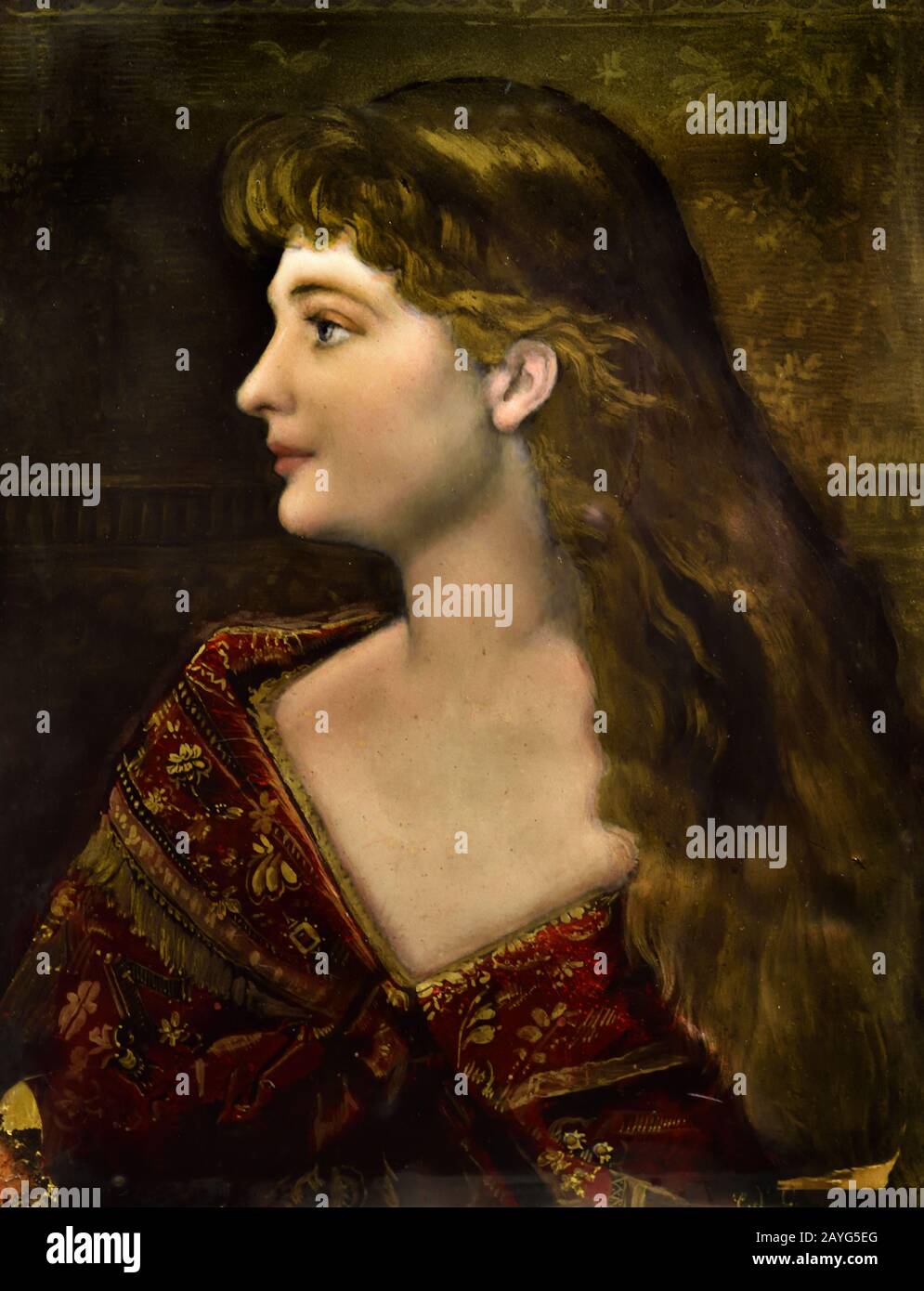 Ritratto di una giovane donna in profilo di Eva di Douëzy d'Ollendon Caroline 1832-1909 Francese, Francia, targa smaltata Foto Stock