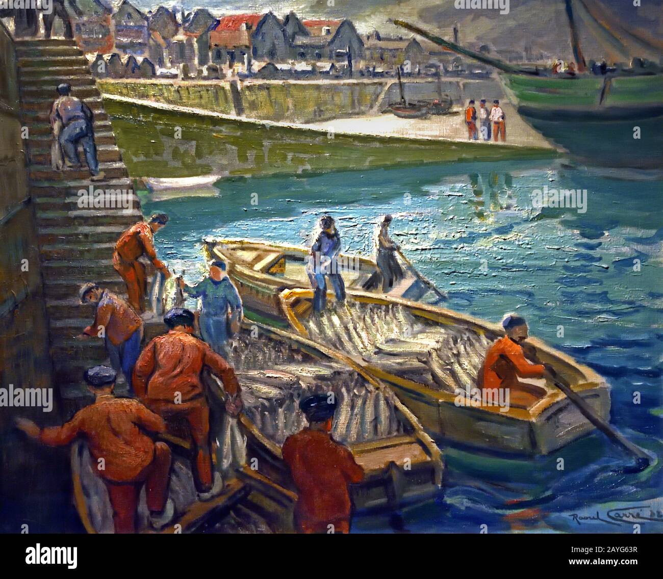 Debarquement de thons a Concarneau - sbarco del tonno a Concarneau 1932 da Raoul Carré 1868-1933 Francia, francese, ( porto di pesca,) Foto Stock