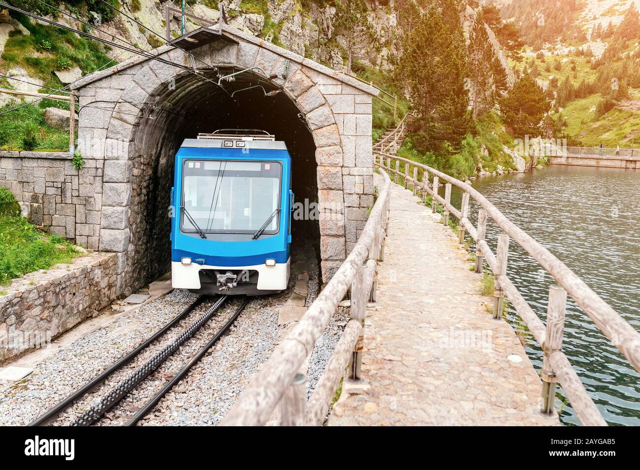 Il treno lascia il tunnel in montagna Foto Stock