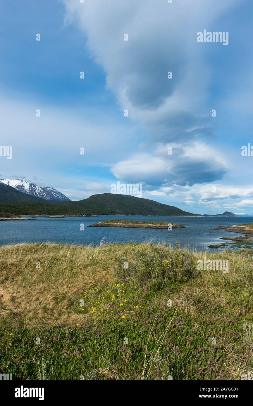 Bahia Lapataia (Baia di Lapataia), un fiordo nel Parco Nazionale della Terra del fuoco, nell'estremo sud dell'Argentina, vicino Ushuaia, collegato al Beato Foto Stock