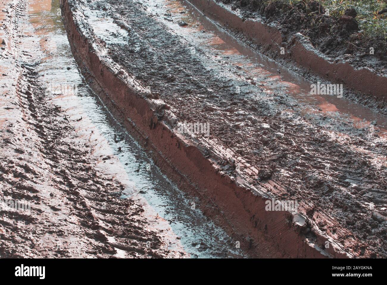 strada sterrata rurale rotta al momento della primavera Foto Stock