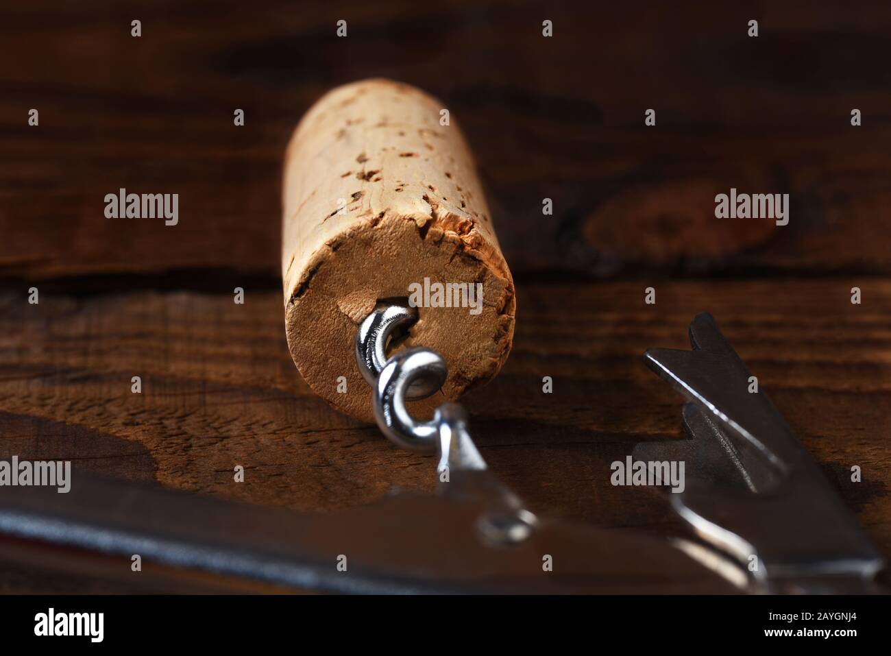 Tappatura di un tappo di vino e cavatappi su un tavolo di legno scuro. Profondità di campo poco profonda con fuoco sull'estremità del sughero. Foto Stock