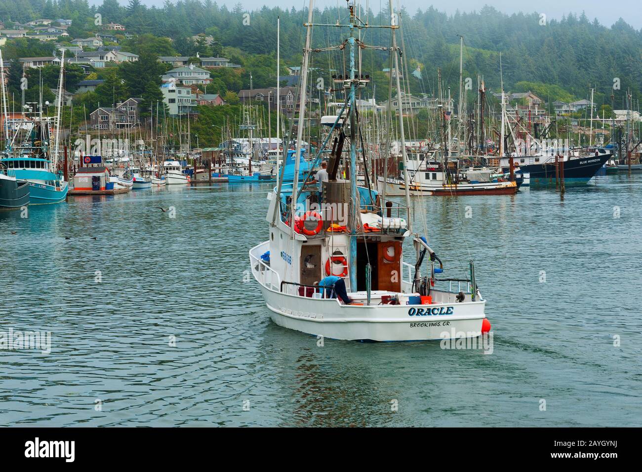Newport, Oregon, USA - 23 agosto 2015: Un pescatore pilota la sua boart nel porticciolo di Yaquina Bay, a Newport, sulla costa dell'Oregon Foto Stock