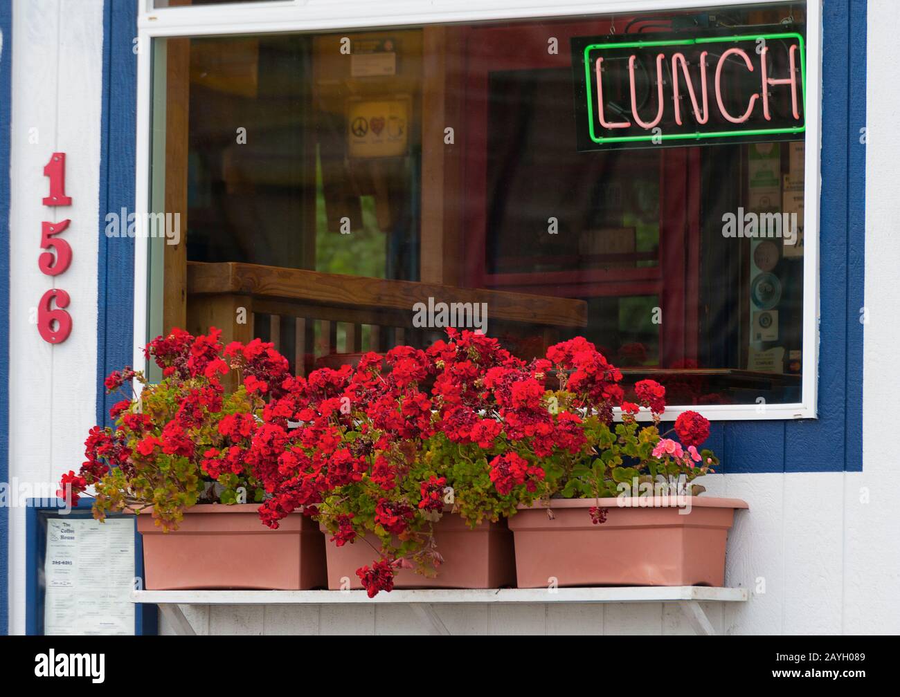 Newport, Oregon, USA - 25 maggio 2016: Al di fuori di un piccolo ristorante si trovano gerani in fiore in pentole sulla mensola sotto la finestra. Foto Stock