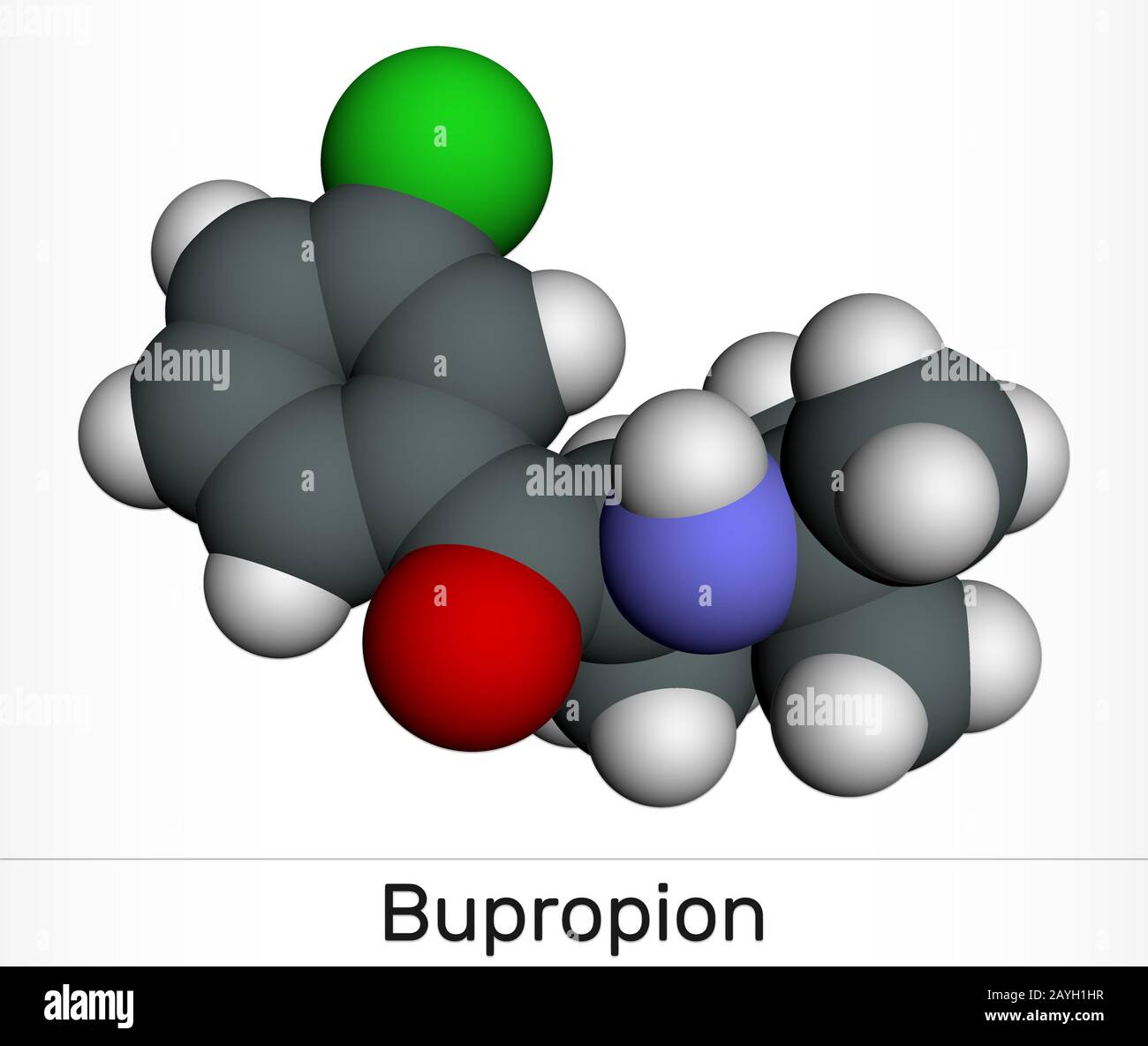 Bupropione, molecola C13H18ClNO. Viene utilizzato per il trattamento del Disturbo Depressivo Maggiore (MDD), del disturbo Affettivo Stagionale (SAD), della cessazione del fumo. Foto Stock