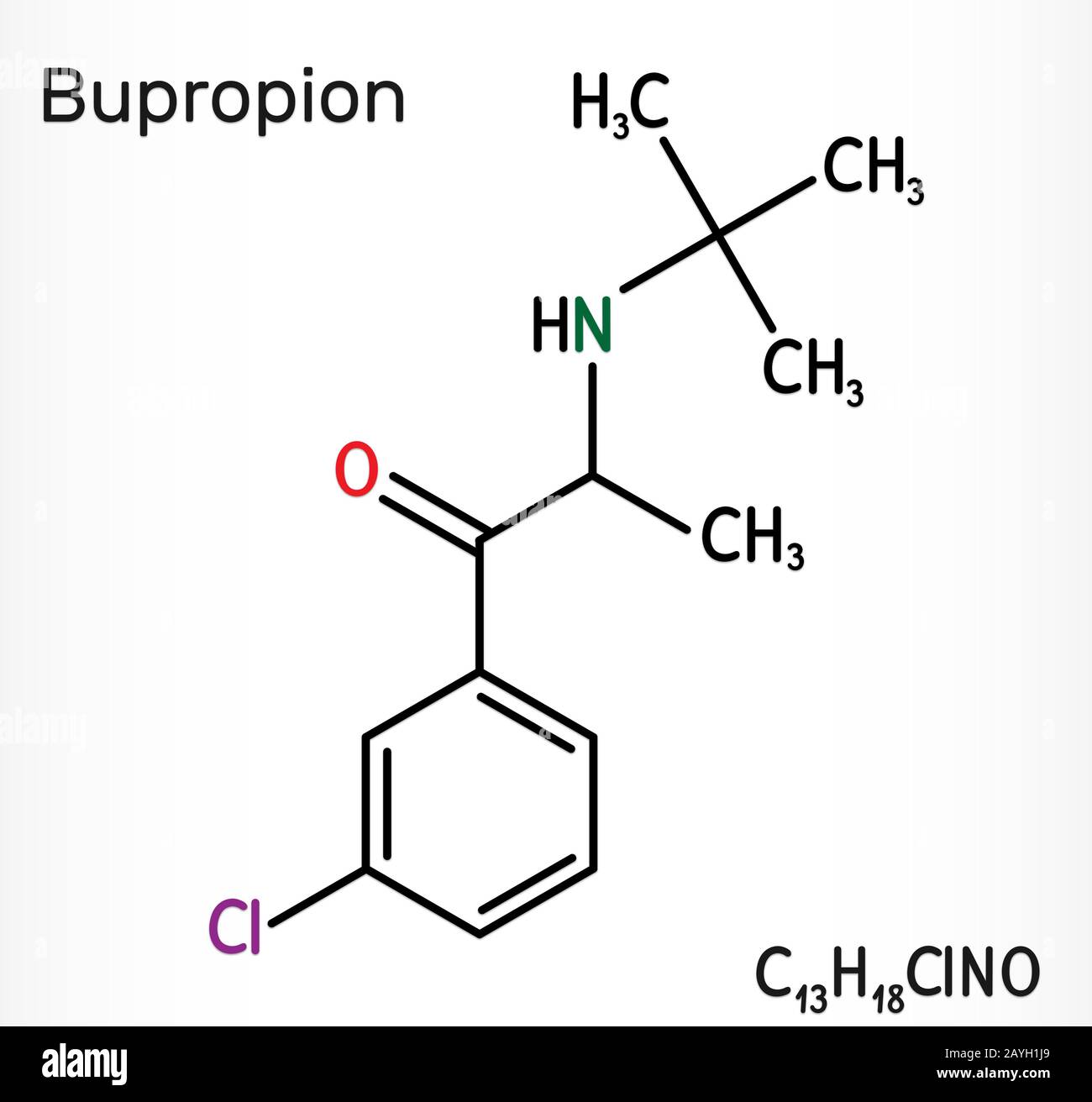 Bupropione, molecola C13H18ClNO. Viene utilizzato per il trattamento del Disturbo Depressivo Maggiore (MDD), del disturbo Affettivo Stagionale (SAD), della cessazione del fumo. Foto Stock