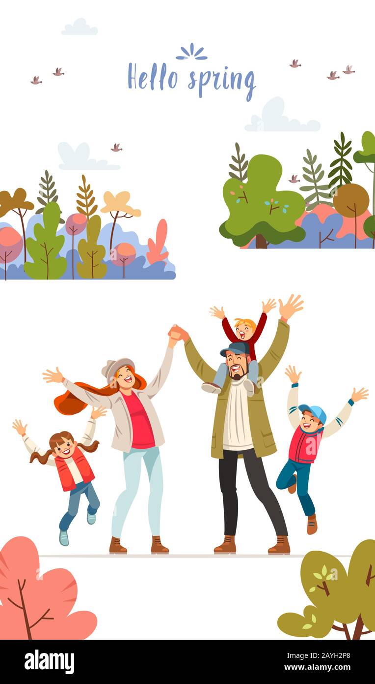 Ciao Spring card con una grande famiglia felice in natura. Grande felice famiglia a piedi nella foresta. Mamma, papà e tre figli. Il cielo blu, il sole, fresco Illustrazione Vettoriale