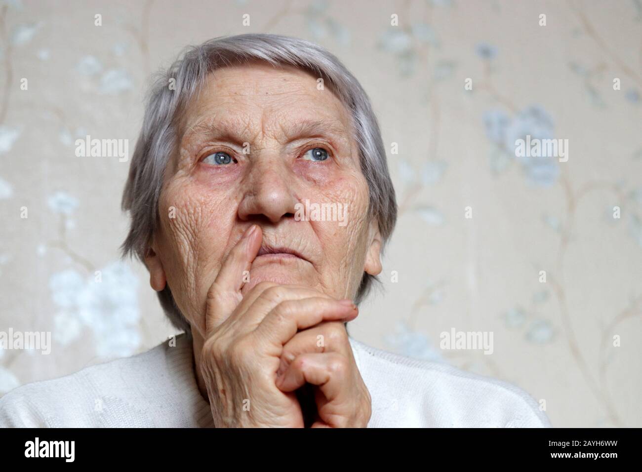 Ritratto di donna anziana con un volto pacifico che pensa a qualcosa. Concetto di attività cerebrale in età avanzata, ricordi del passato Foto Stock