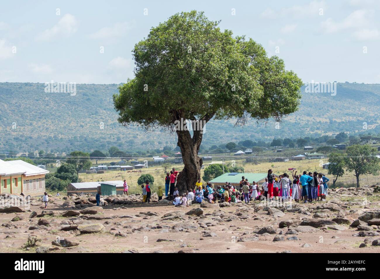 La gente di Maasai che si incontra sotto un albero in un villaggio ai margini della Riserva nazionale di Masai Mara in Kenya. Foto Stock