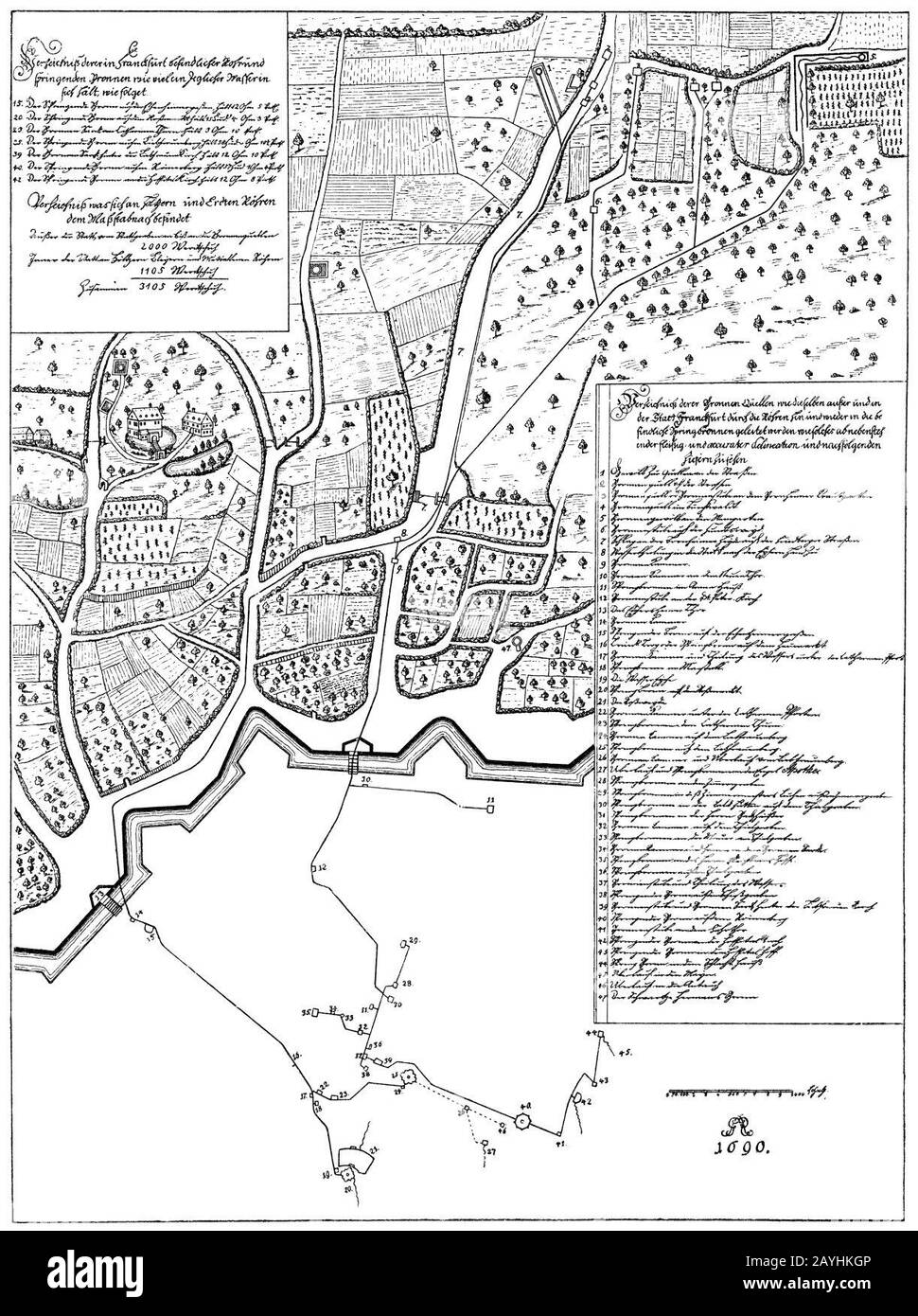 Frankfurt Am Main-Lageplan der mit Quellwasser aus dem Friedberger Feld espeisten Frankfurter Brunnen-1690. Foto Stock