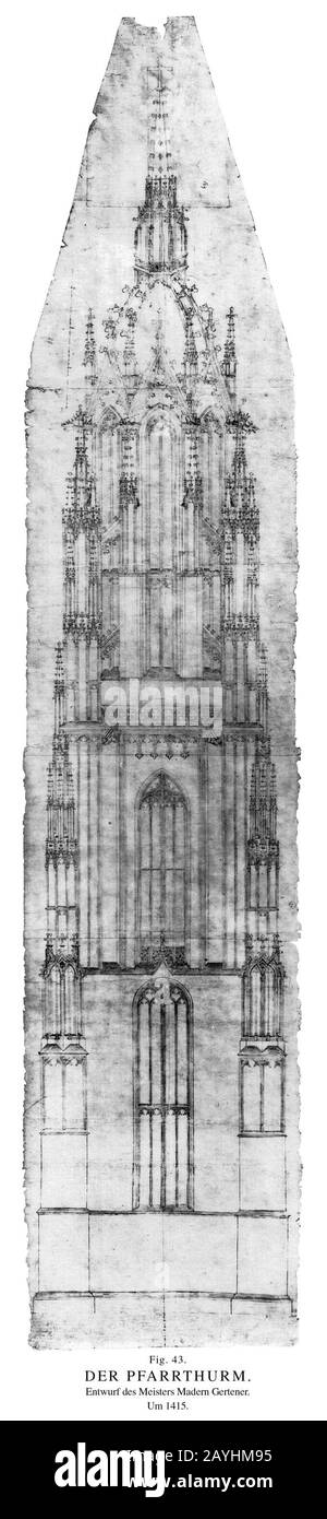 Frankfurt Am Main-St Bartholomaeus-Der Pfarrthurm-Entwurf Des Meisters Madern Gertener-Um 1415. Foto Stock