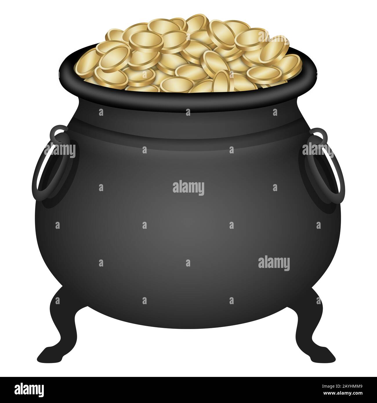 Vaso isolato pieno di monete d'oro. Il calderone di giorno di Patrick Foto Stock