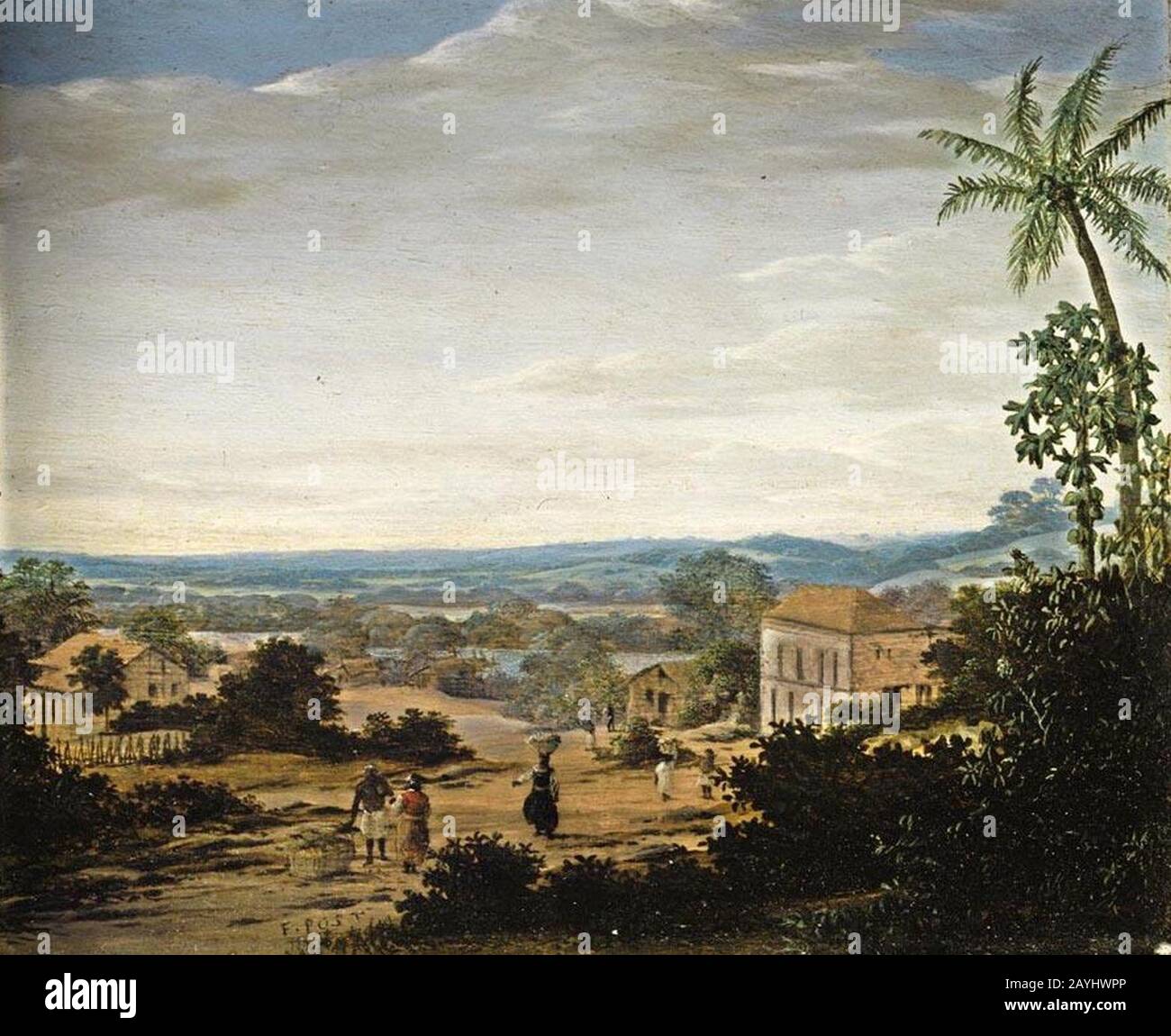 Frans Post - Paisagem com nativos, escravos e casa-grande em um vilarejo, c. 1670-75. Foto Stock