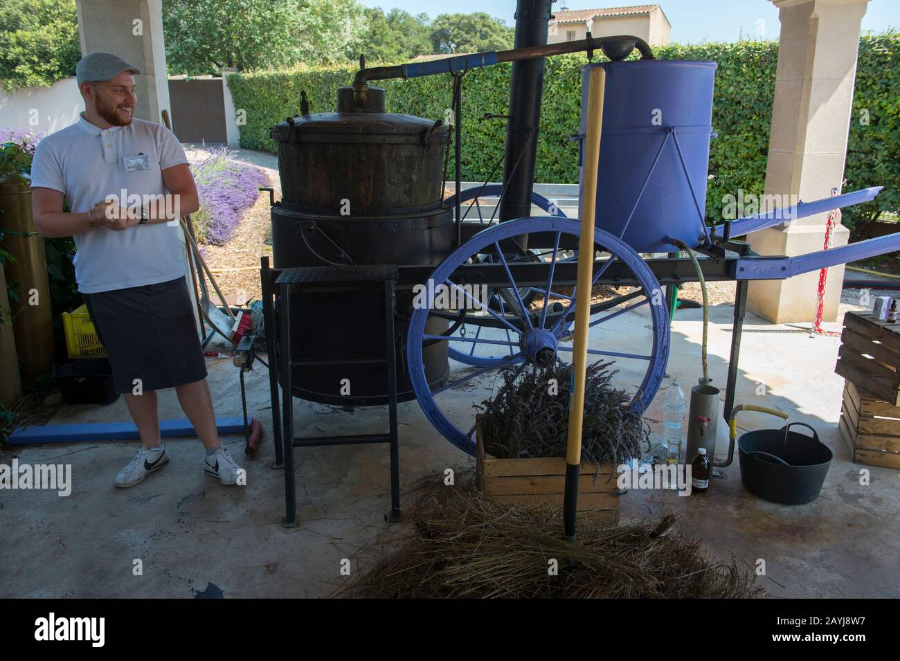 Una guida spiega il processo di produzione dell'olio essenziale o dell'essenza di lavanda al le Chateau du Bois Lavender Museum vicino a Gorde Foto Stock