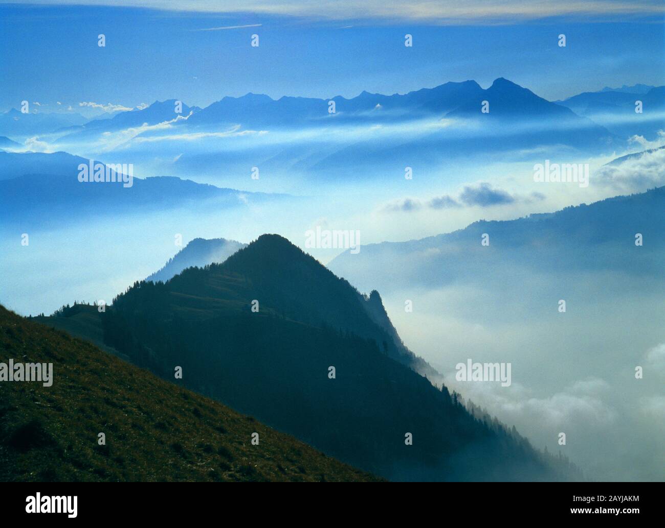 Alpi svizzere in nebbia, Svizzera, Oberland Foto Stock
