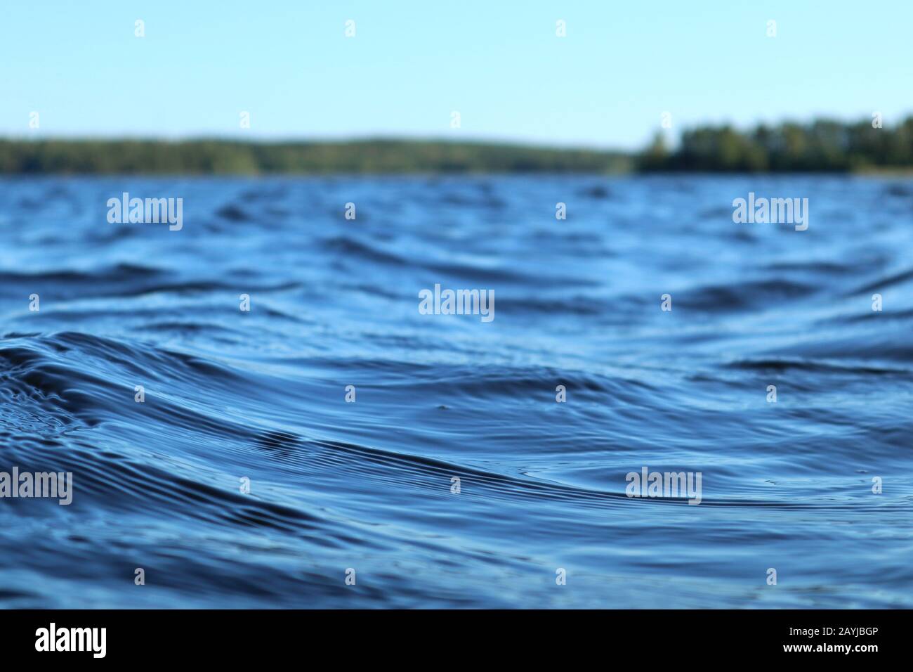Blu acqua cielo chiaro giornata di sole sul lago finlandese onde d'acqua chiudere. Bellezza dello skyline della natura e della foresta con acqua dai colori profondi. Foto dalla barca Foto Stock