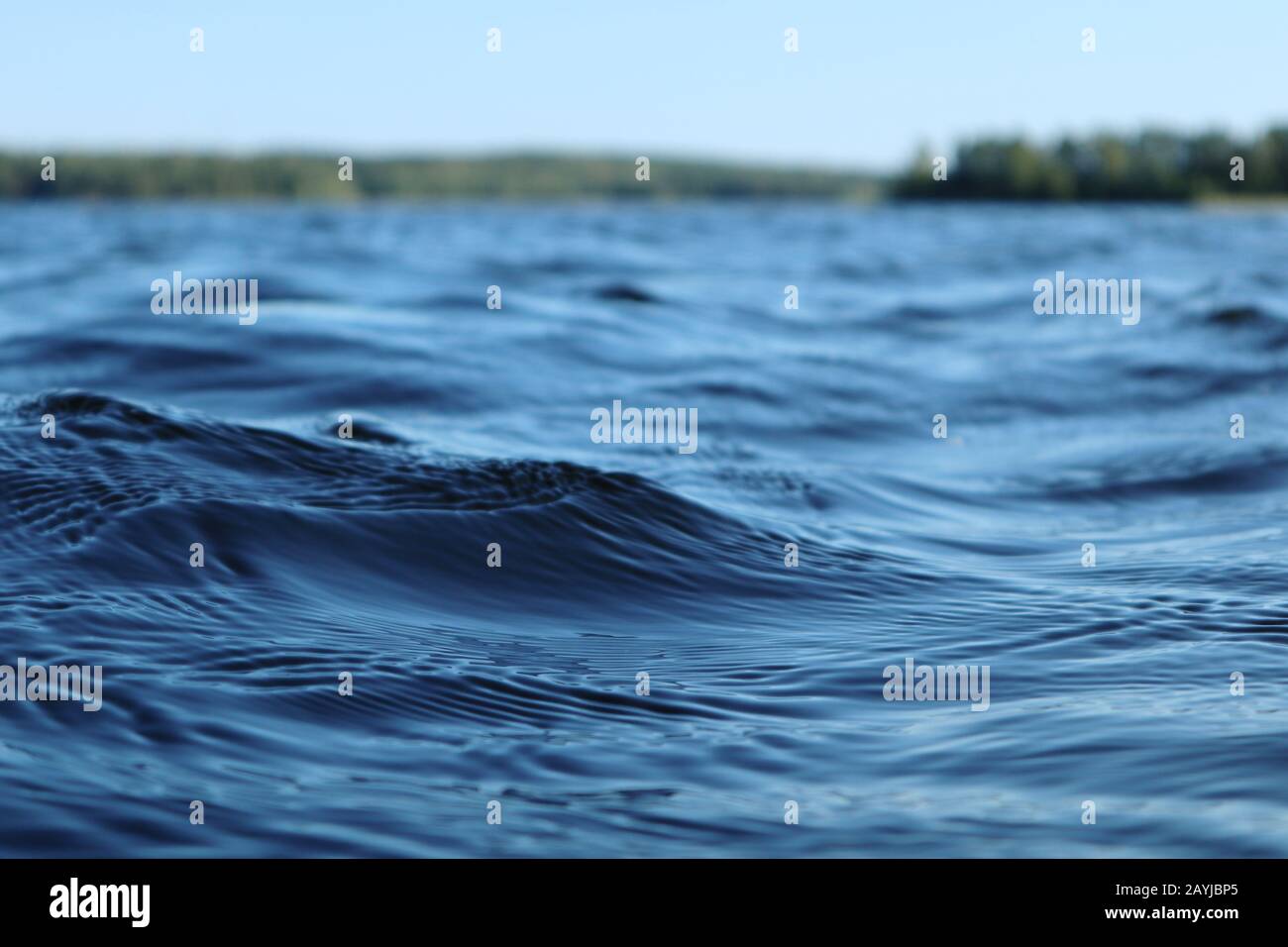 Blu acqua cielo chiaro giornata di sole sul lago finlandese onde d'acqua chiudere. Bellezza dello skyline della natura e della foresta con acqua dai colori profondi. Foto dalla barca Foto Stock