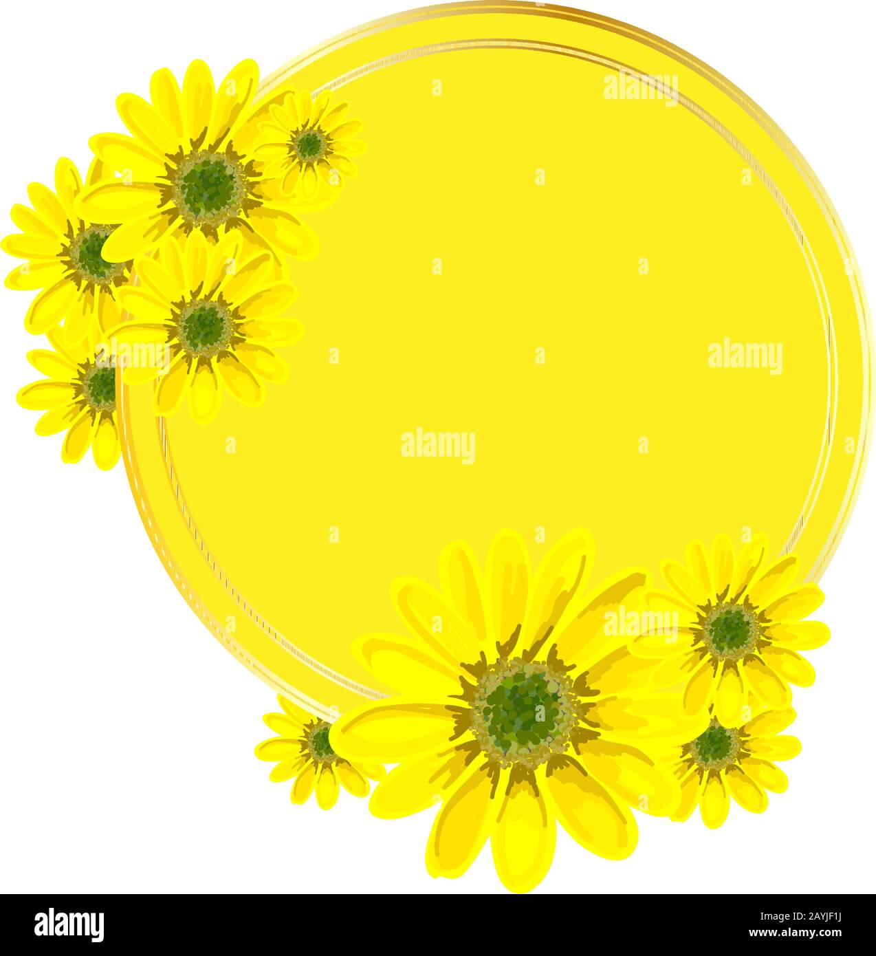 Sfondo circolare vettoriale per un'iscrizione. Motivo giallo con fiori. Progettazione per pubblicità o promozioni, vendite. Fiori di primavera. Vettore Illustrazione Vettoriale
