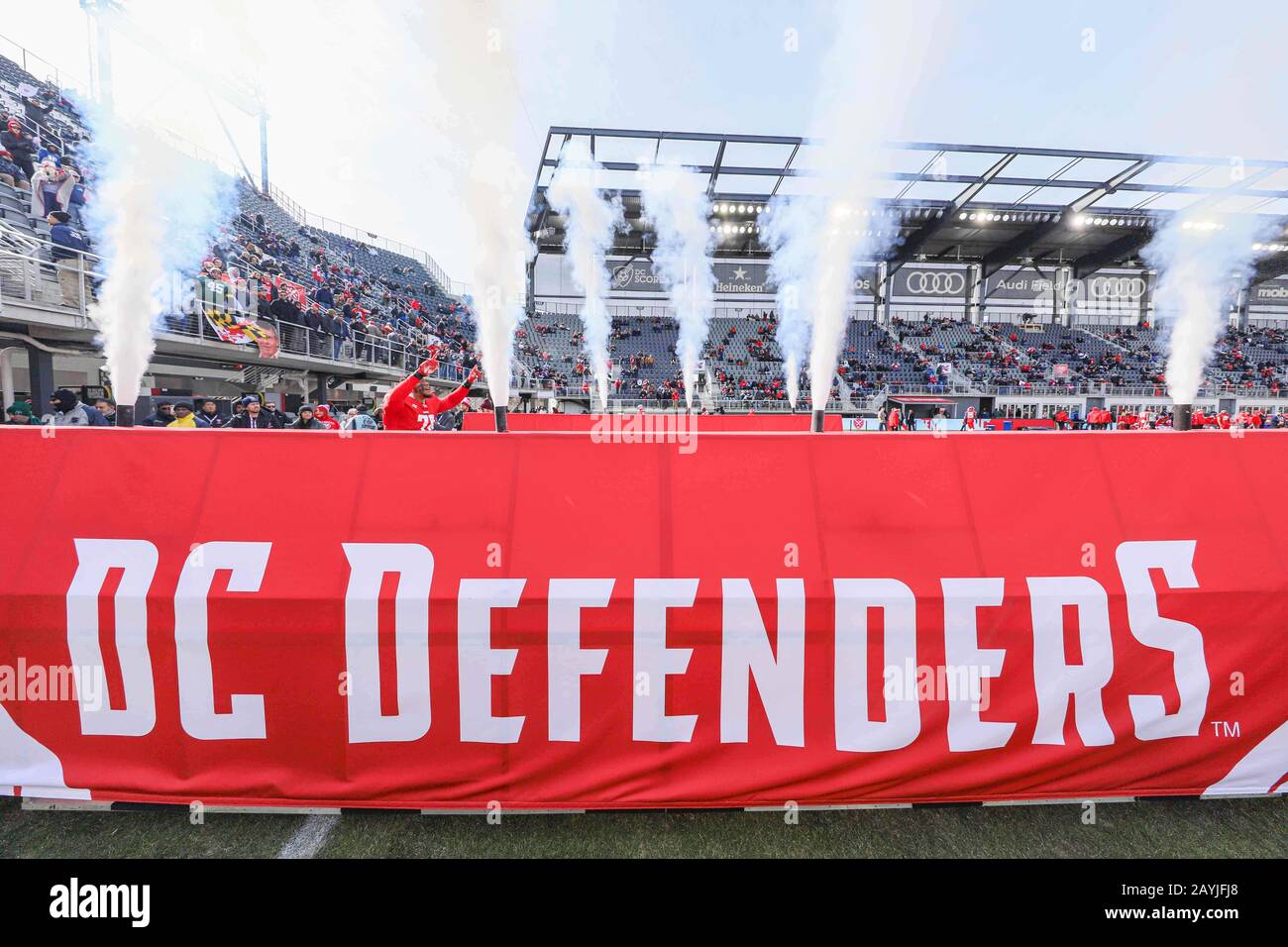 WASHINGTON D.C, DC, USA. 15th Feb, 2020. DC Defenders offensiva affrontare MALCOLM BUNCHE prende campo (78) durante una settimana due XFL calcio tra I DIFENSORI DC e i GUARDIANI NY Sabato, FEBBRAIO. 14, 2020, presso Audi Field a Washington, DC Credit: Saquan Stimpson/ZUMA Wire/Alamy Live News Foto Stock