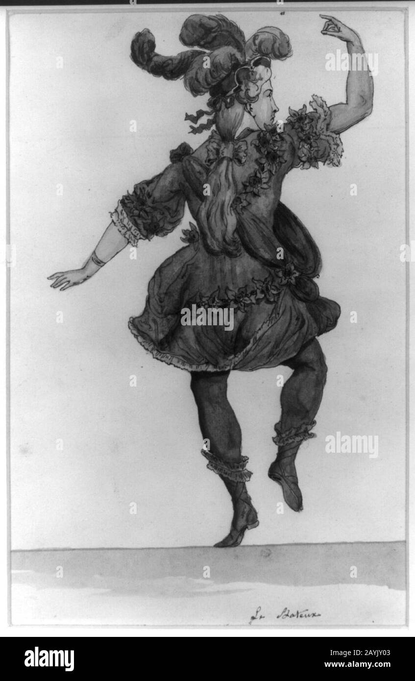 Attrice francese, ritratto a tutta lunghezza, visto da dietro, desta sollevato, saltando o ballando, indossando un abito in costume Foto Stock