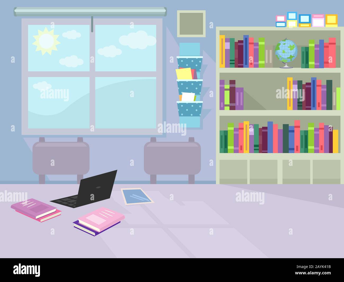 Illustrazione interna di un'area di studio nella libreria con laptop e libri sul tavolo Foto Stock