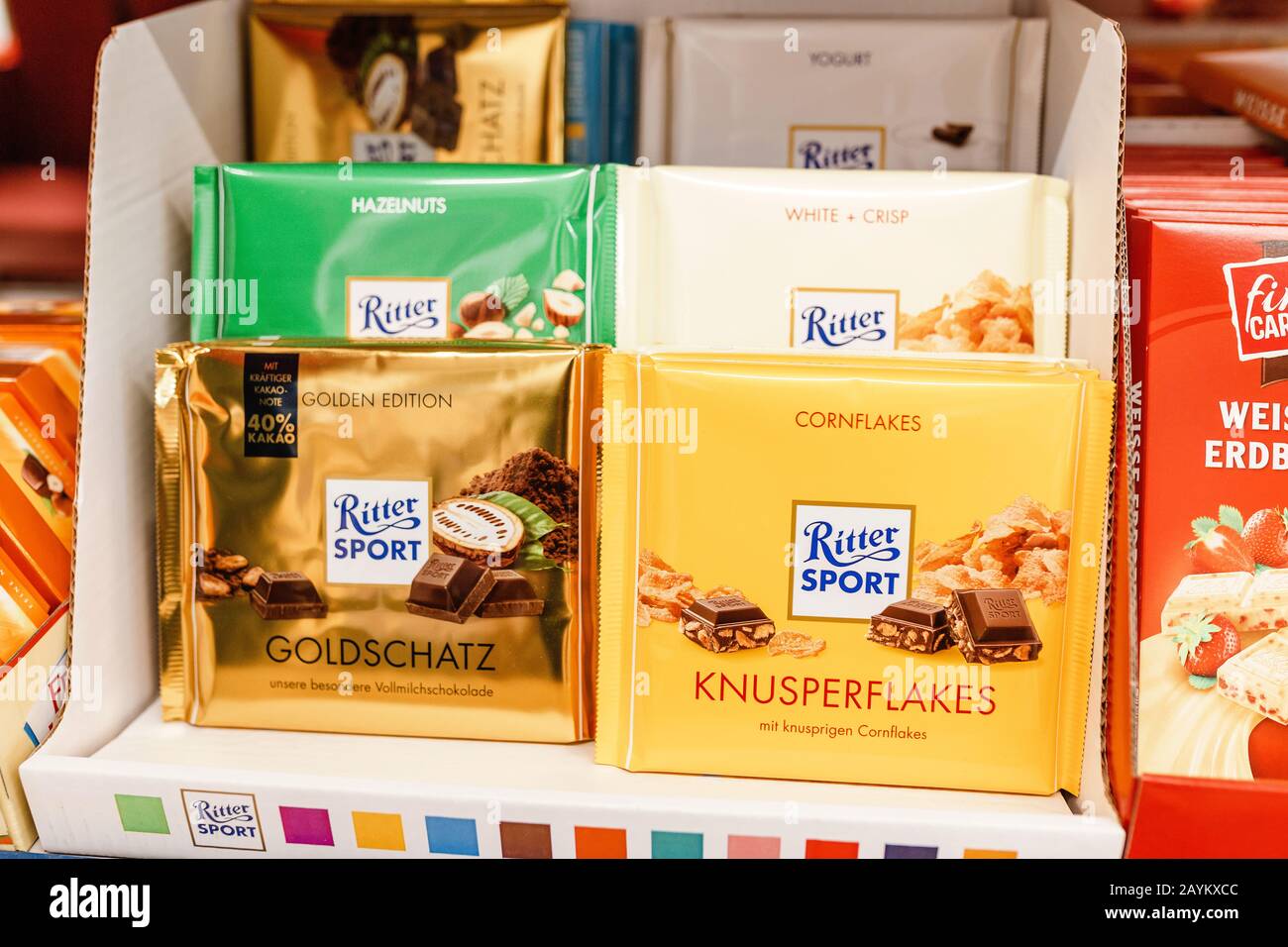 Lipsia, GERMANIA - 21 MAGGIO 2018: Ritter sport al supermercato esposizione Foto Stock