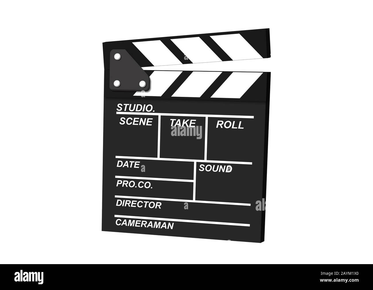 scheda di aggancio film isolata su sfondo bianco con tracciato di ritaglio. film maker e concept di produzione Foto Stock