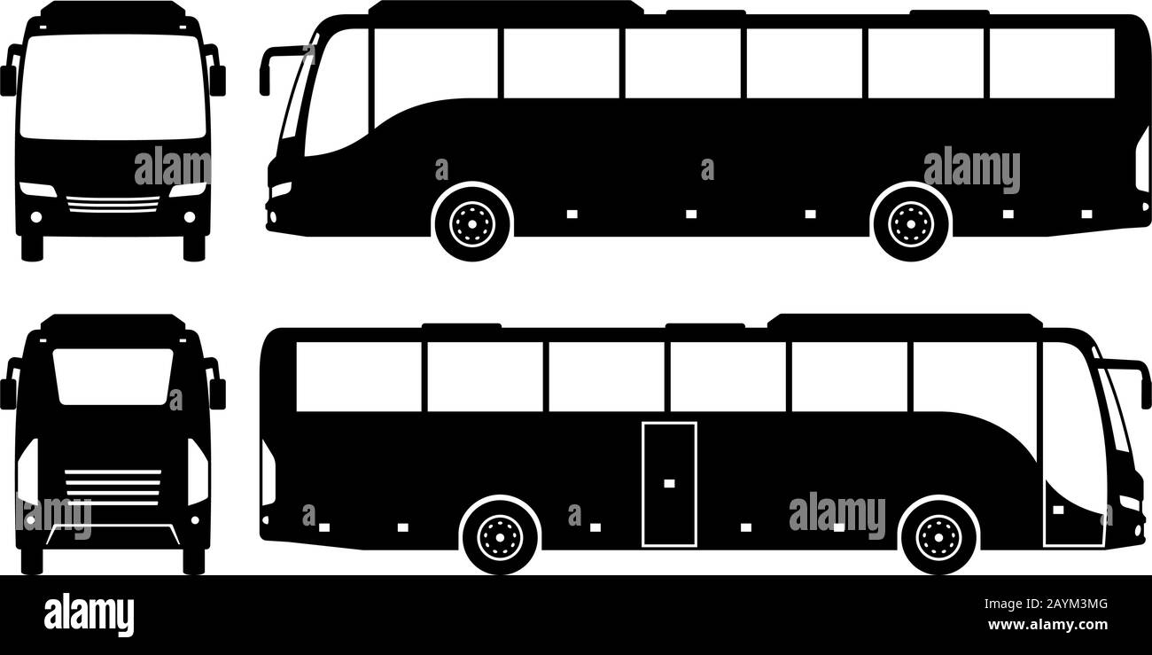 La silhouette di autobus turistico su sfondo bianco. Le icone del veicolo consentono di impostare la vista laterale, anteriore e posteriore Illustrazione Vettoriale