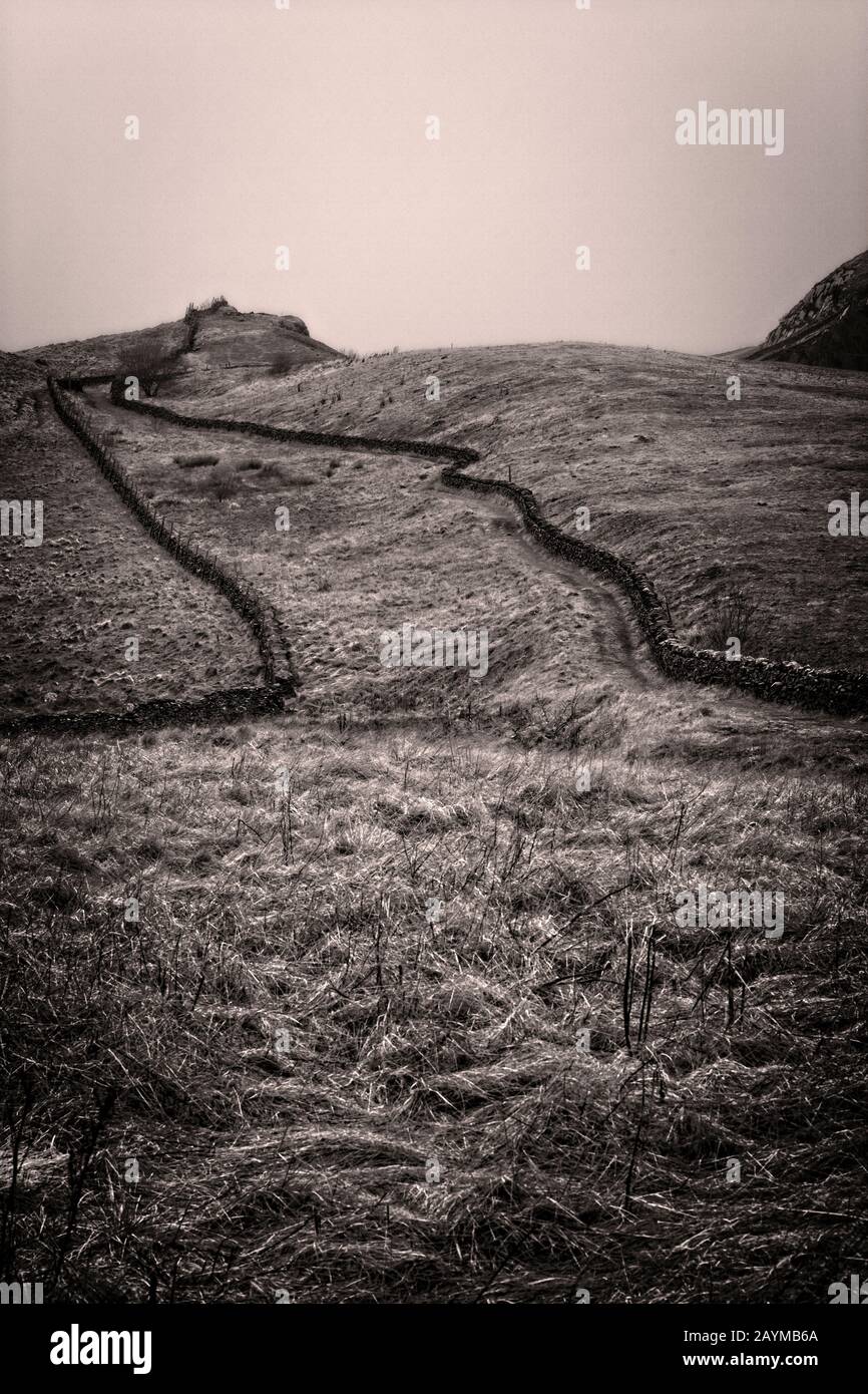 Pareti in pietra a secco sulla ripida collina di North York Moors Foto Stock