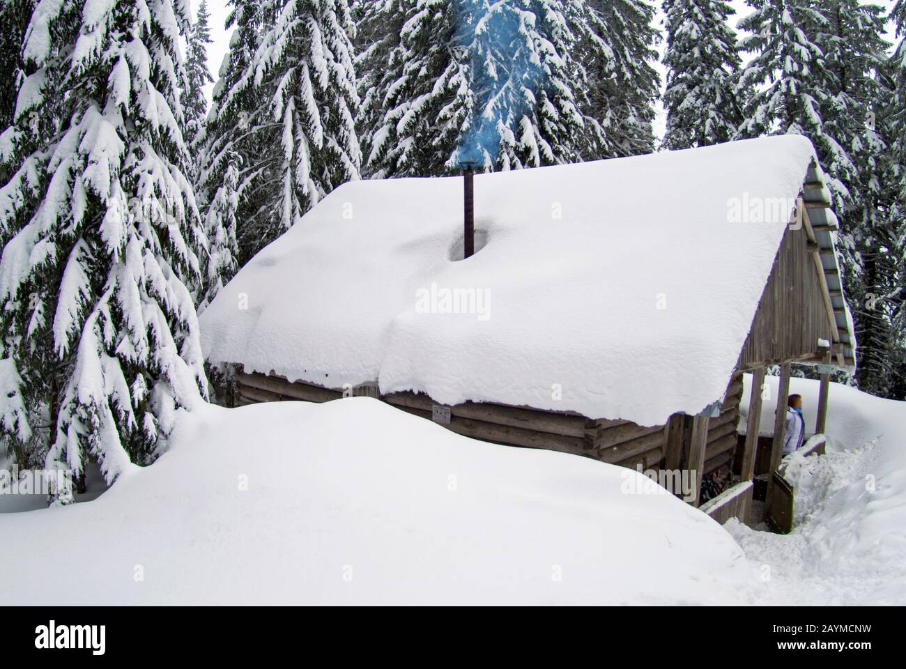 piccola casa in inverno montagne tra la foresta innevata Foto Stock