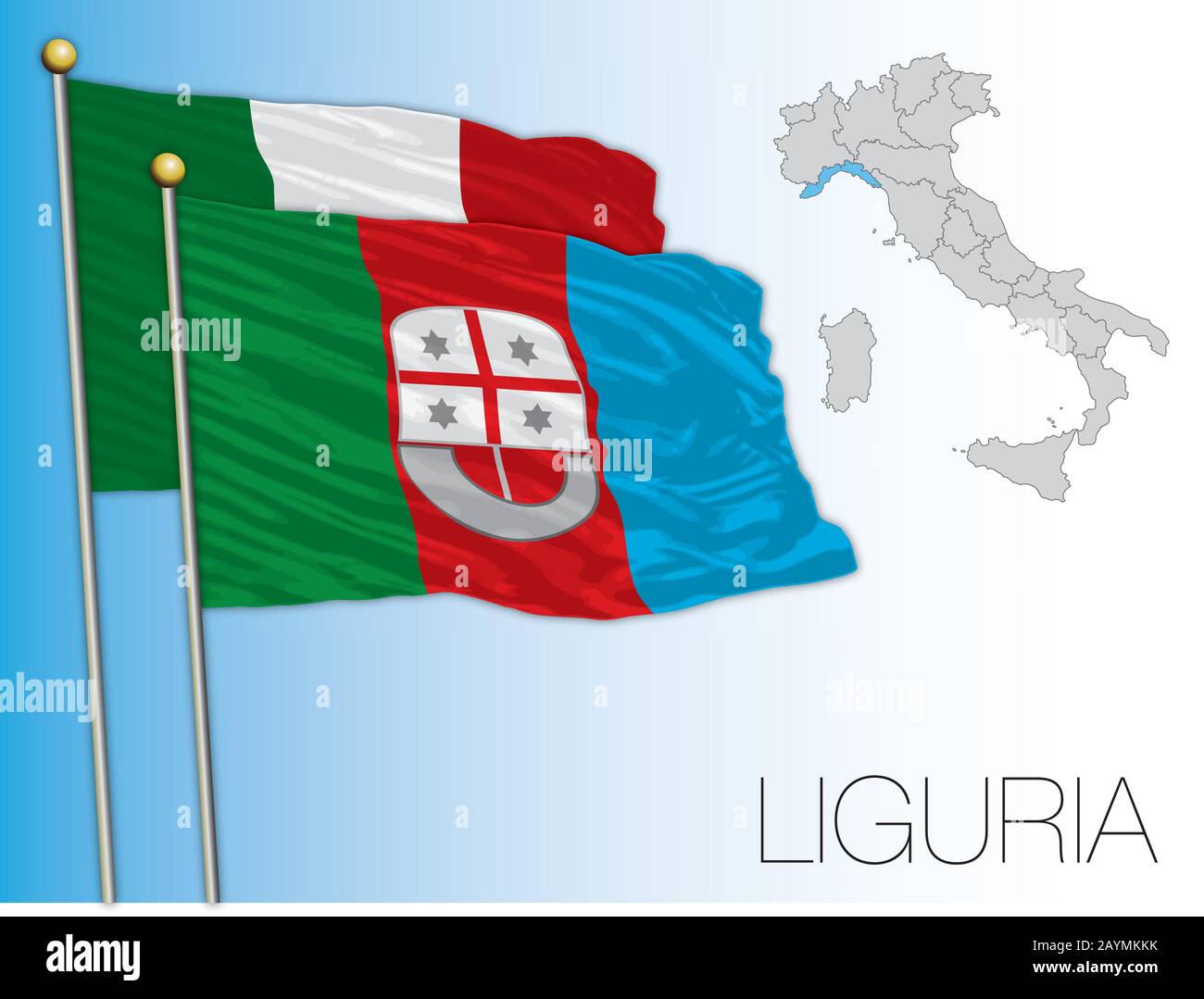 Bandiera e mappa ufficiale della Liguria, Italia, illustrazione vettoriale Illustrazione Vettoriale