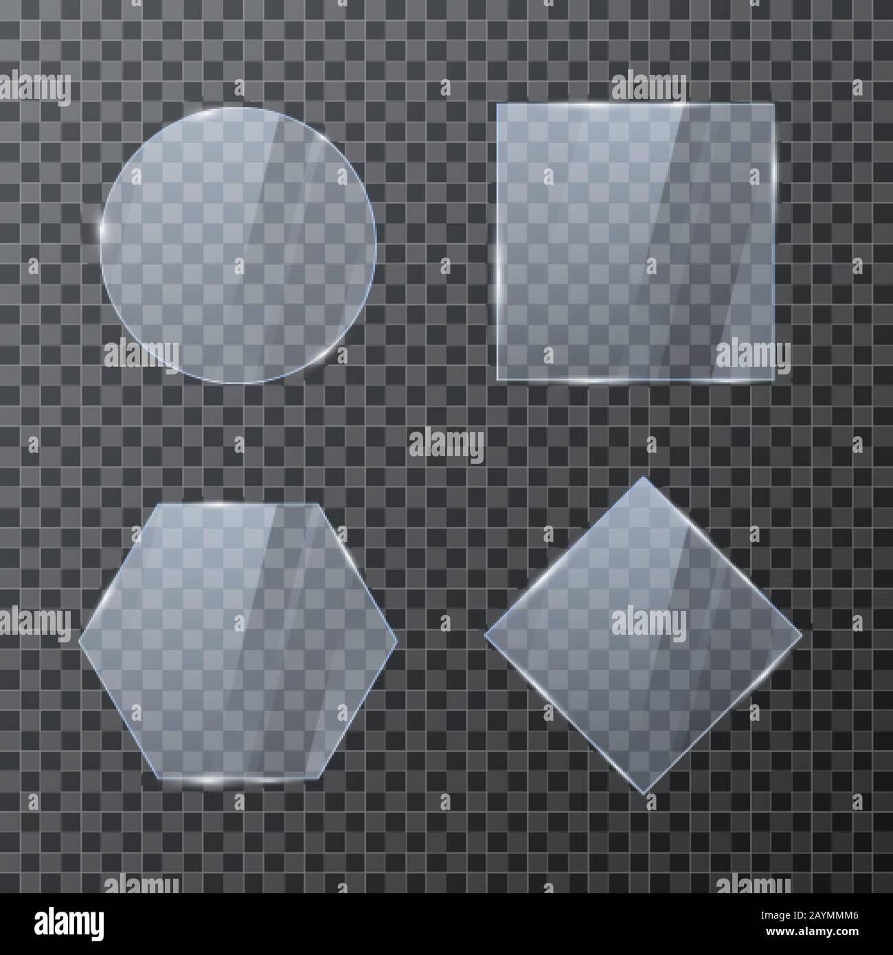 Set di striscioni geometrici in vetro vuoti. Modello di cornice lucida con riflessione. Immagine vettoriale isolata su sfondo trasparente Illustrazione Vettoriale