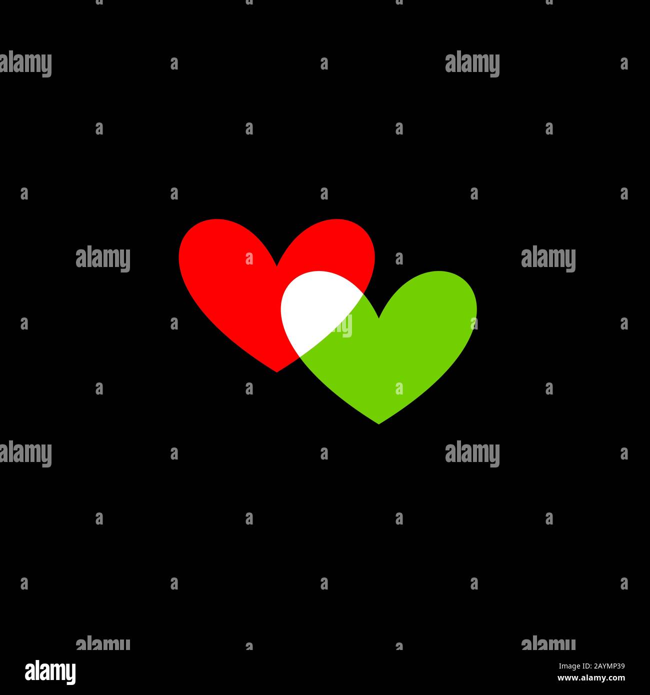 Romantico cuore icona verde e rosso. Simbolo d'amore. Icona cuori isolato su sfondo nero. Felice San Valentino e elementi di design per matrimoni. Semplice ve Illustrazione Vettoriale