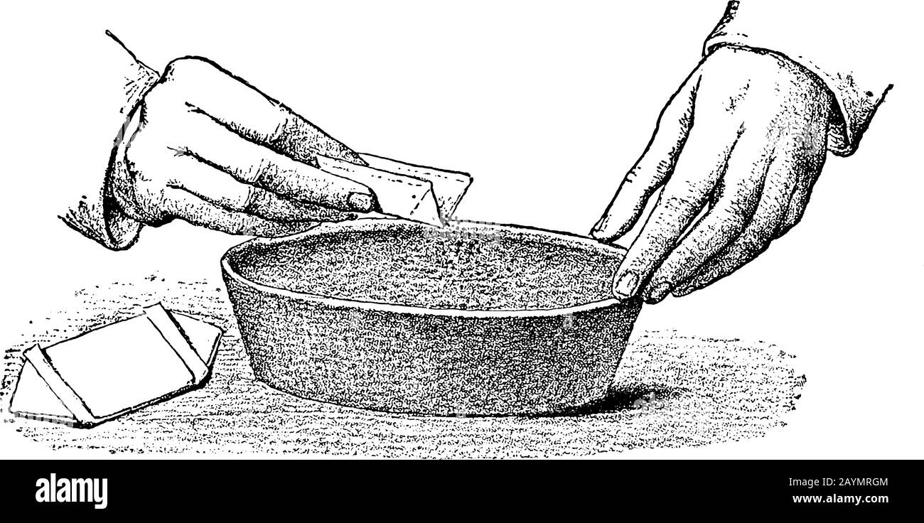 Antica linea d'arte vintage illustrazione, incisione o disegno di mani di giardiniere semina o semina semi di piante in vaso . Concetto di giardinaggio e riproduzione. Illustrazione Vettoriale