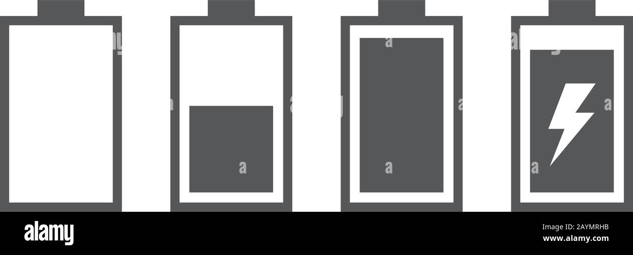 Serie di indicatori del livello di carica della batteria. Illustrazione del vettore di stock isolata su sfondo bianco. Illustrazione Vettoriale