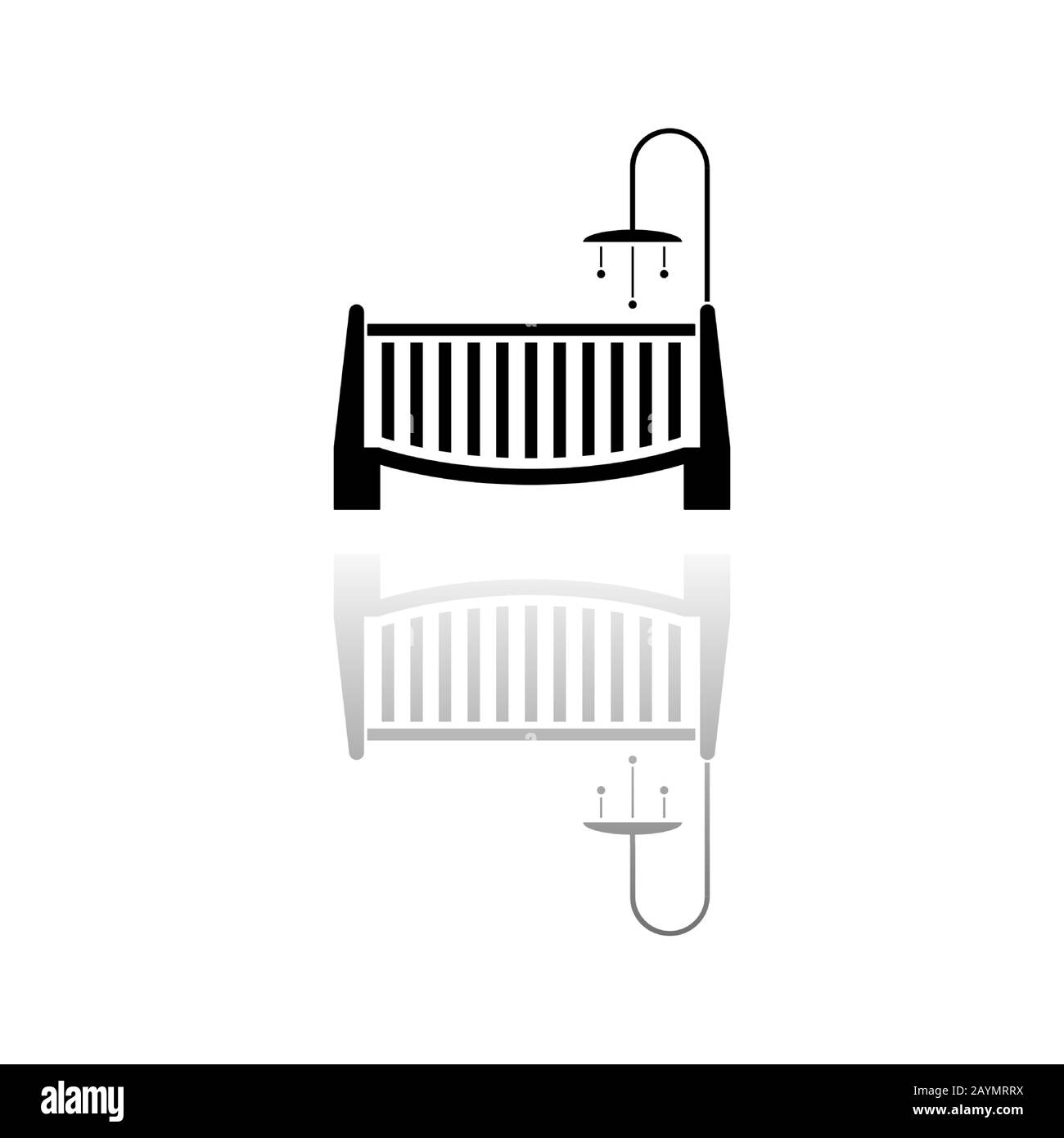 Culla per bambini. Simbolo nero su sfondo bianco. Illustrazione semplice. Icona Vettore Piatto. Riflessione Speculare Shadow. Può essere utilizzato in logo, Web, dispositivi mobili e interfaccia utente Illustrazione Vettoriale
