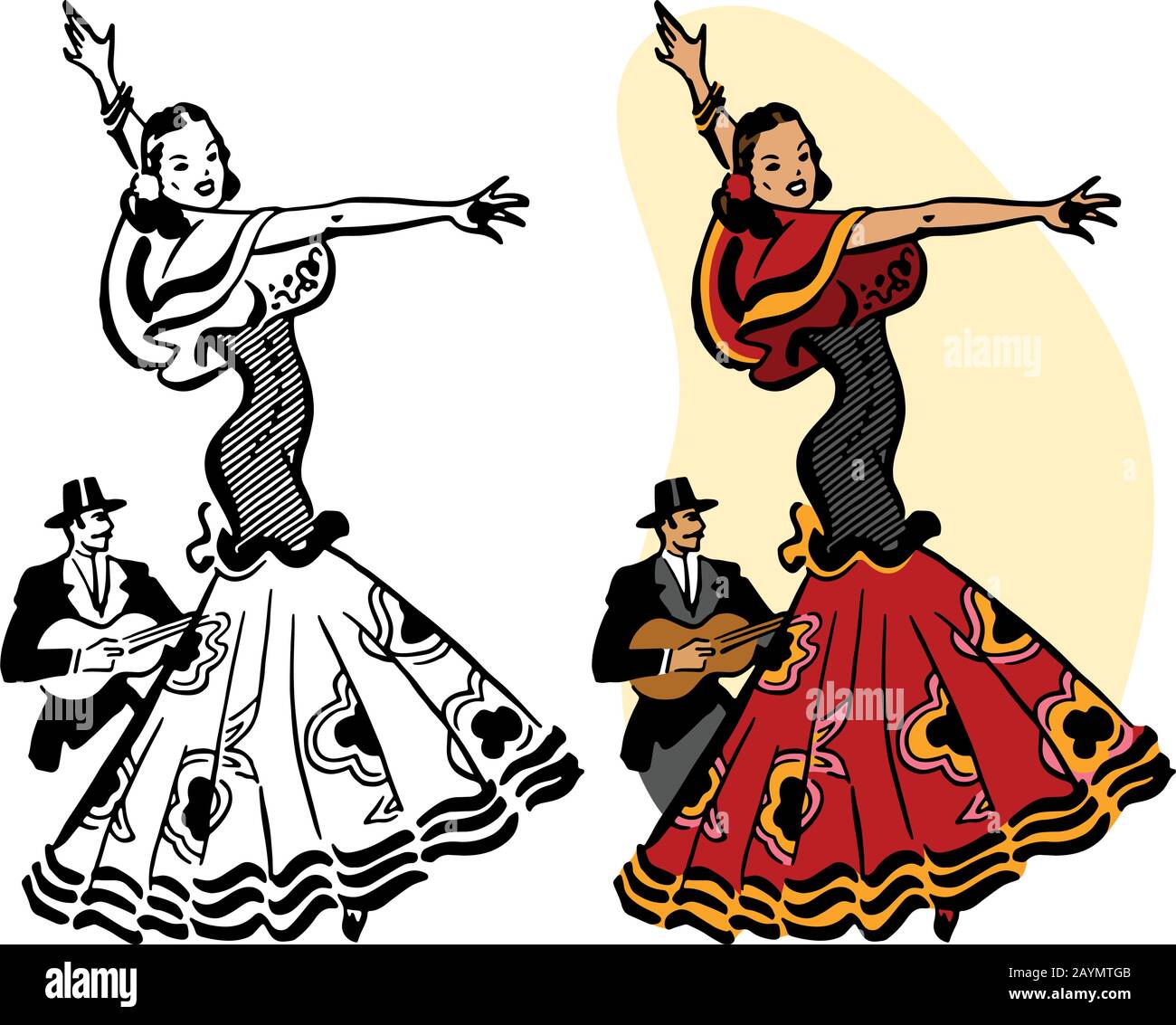 Una donna spagnola che esibisce una danza tradizionale di flamenco. Illustrazione Vettoriale