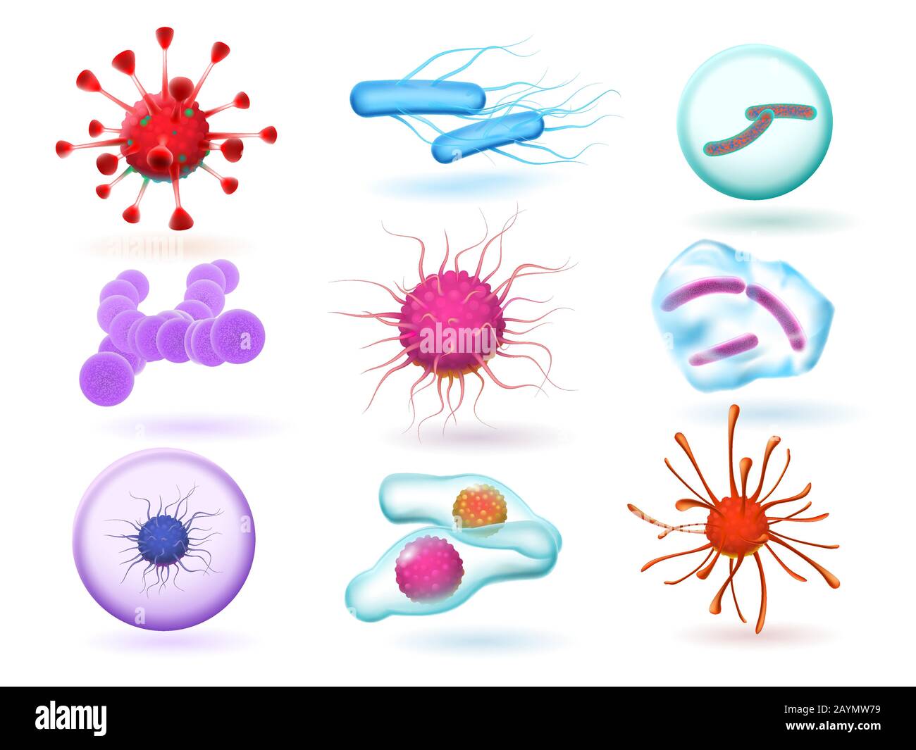 Batteri di microbiologia 3d realistici, vari virus, microrganismi naturali e scienza dei virus microscopici insieme di vettori isolati Illustrazione Vettoriale