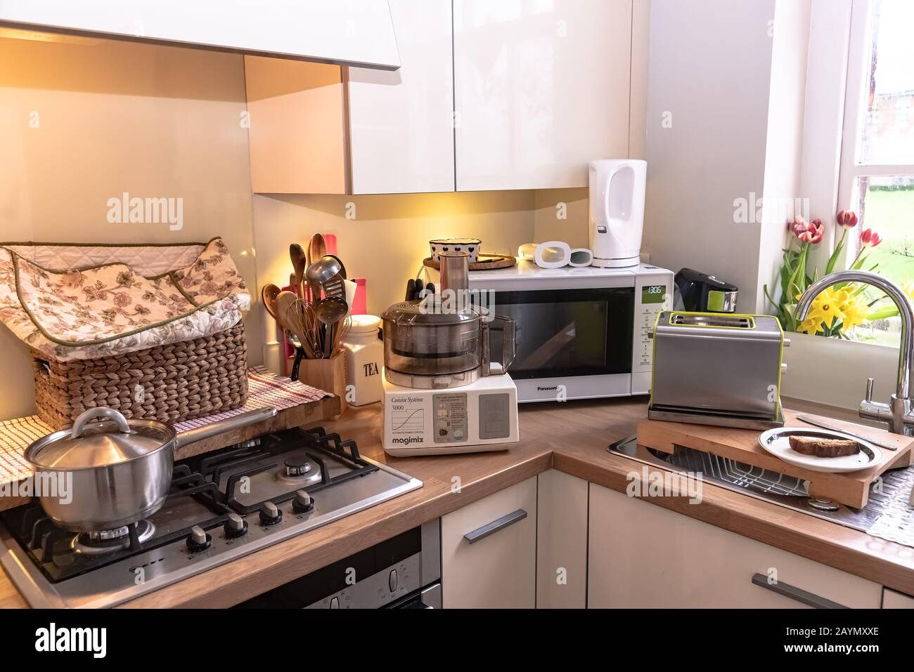Cucinare in una piccola cucina - mostrando l'uso economico dello spazio per cucinare cibo fatto in casa, insieme ai suoi pericoli. Foto Stock