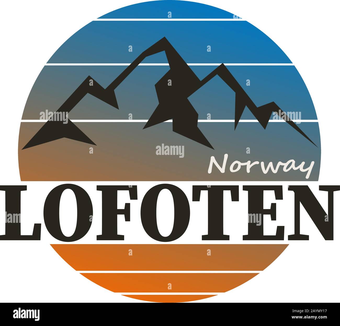 Lofoten Norvegia Vector Illustration logo. Design per cartoline, t-shirt, banner, biglietto d'auguri, evento, volantino, etichetta, adesivo. Escursioni Lofotens Illustrazione Vettoriale