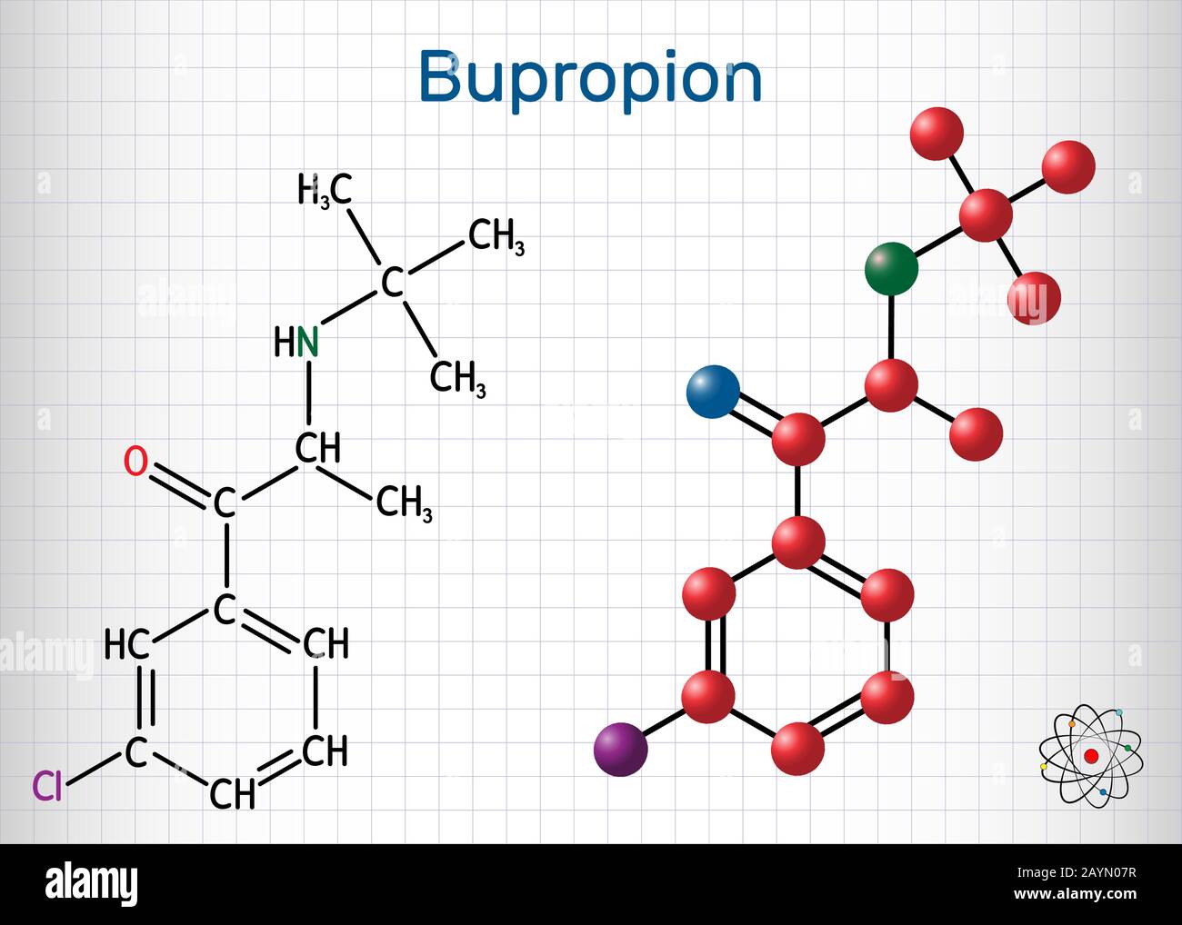 Bupropione, molecola C13H18ClNO. Viene utilizzato per il trattamento del Disturbo Depressivo Maggiore (MDD), del disturbo Affettivo Stagionale (SAD), della cessazione del fumo. Illustrazione Vettoriale