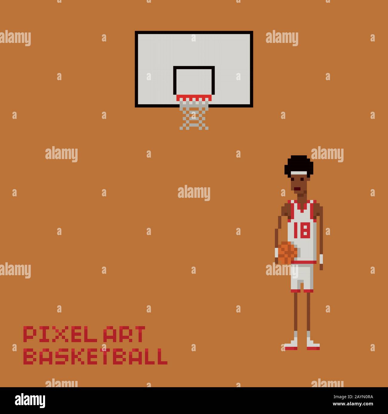 Pixel ART Style giovane nero uomo basket giocatore in uniforme bianco e rosso che tiene una palla e baskboard Illustrazione Vettoriale